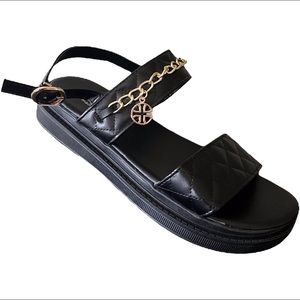 Black Quilted Gold Chain Sandals Sz 7